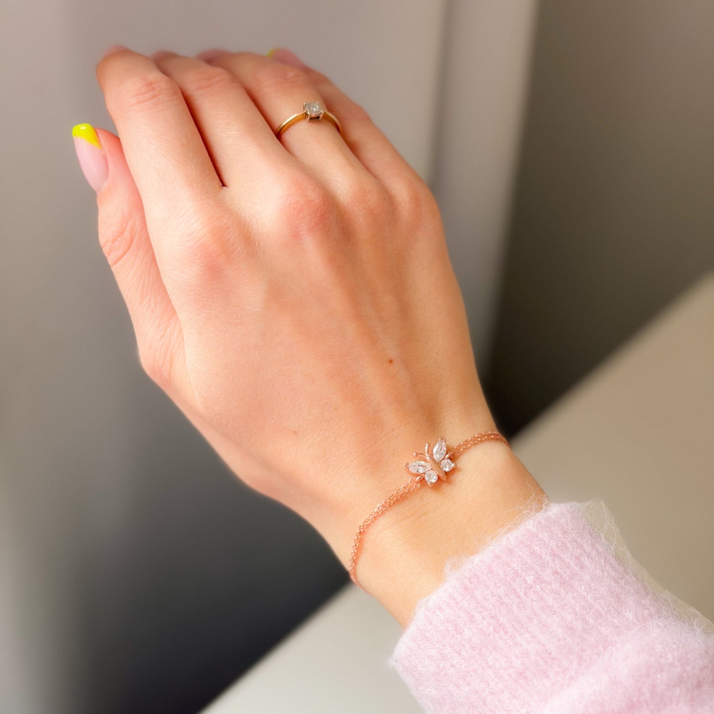 Sterling Silver Rose Gold Plated CZ Butterfly Bracelet