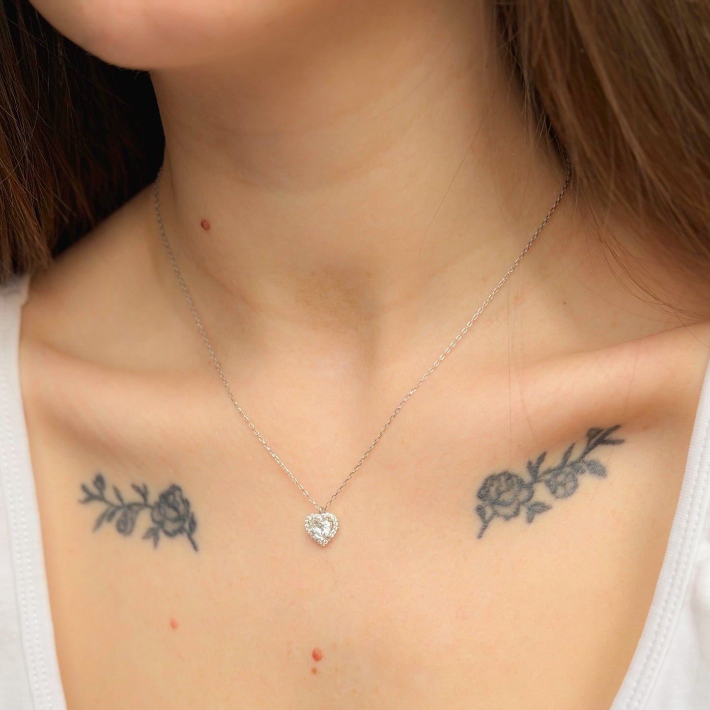 Sterling Silver Rhodium Plated CZ Heart Necklace