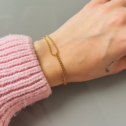 Auksuota dvigubo dizaino apyrankė „Ball Bead & Curb“